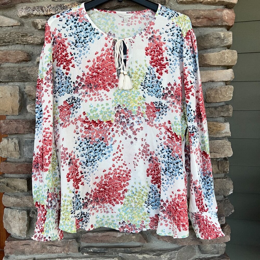 LUCKY BRAND Floral Print Peasant Blouse Plus 1X 2X LS Tie Neck Boho NWT